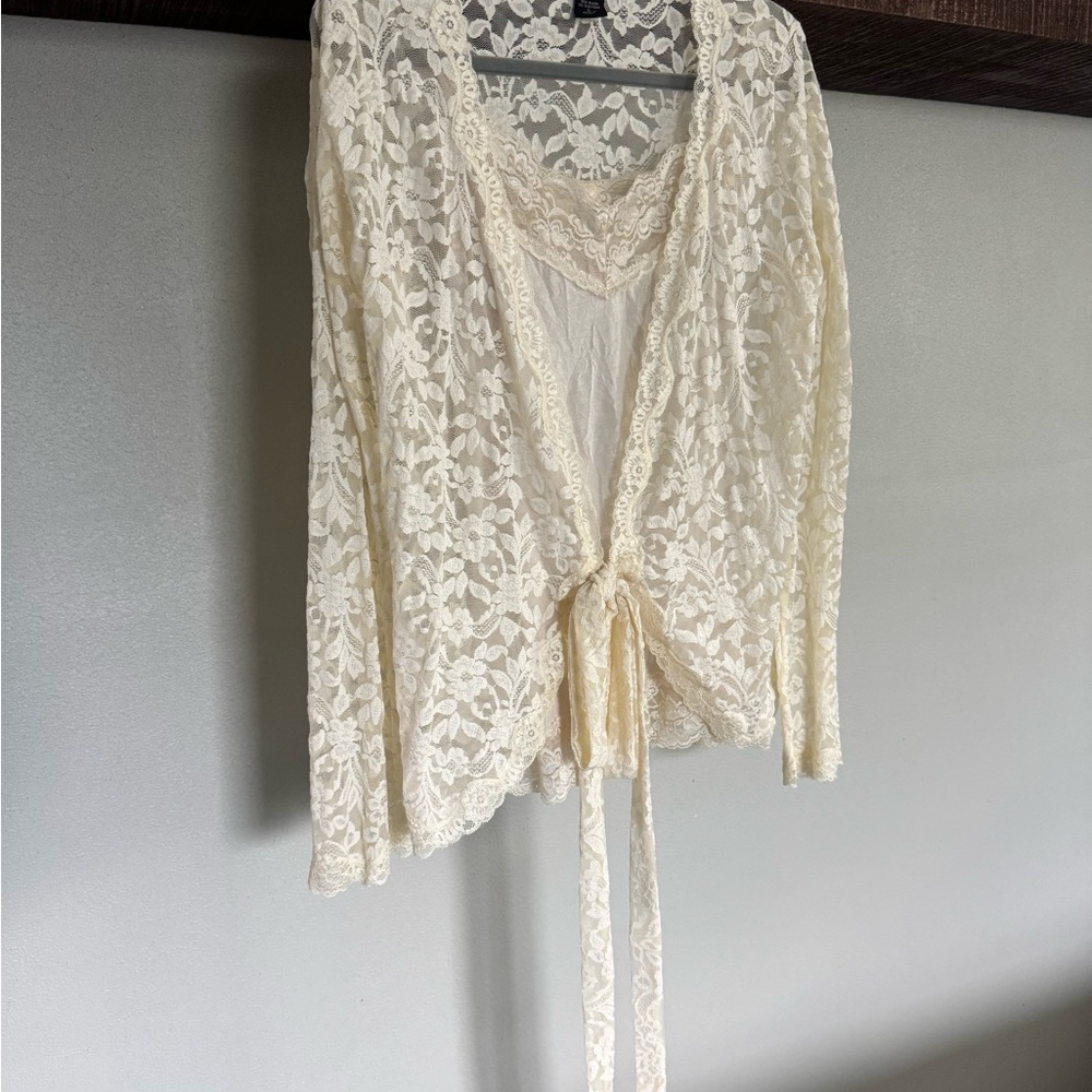 Cream Lace Cardigan with Tie Front